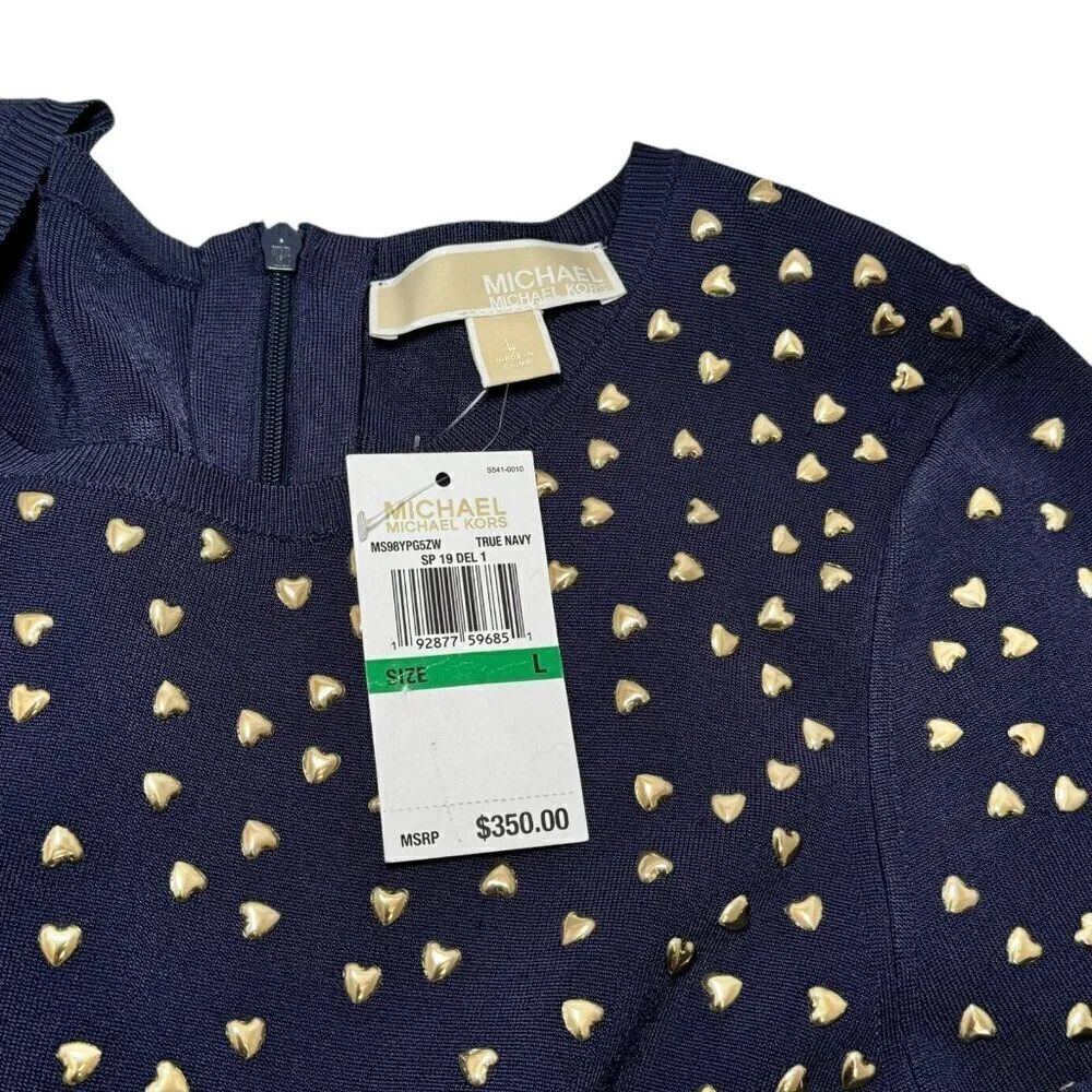 $350 MICHAEL KORS‎ Navy Knit Dress With Gold Heart Studs Size L 10- 12 NEW!